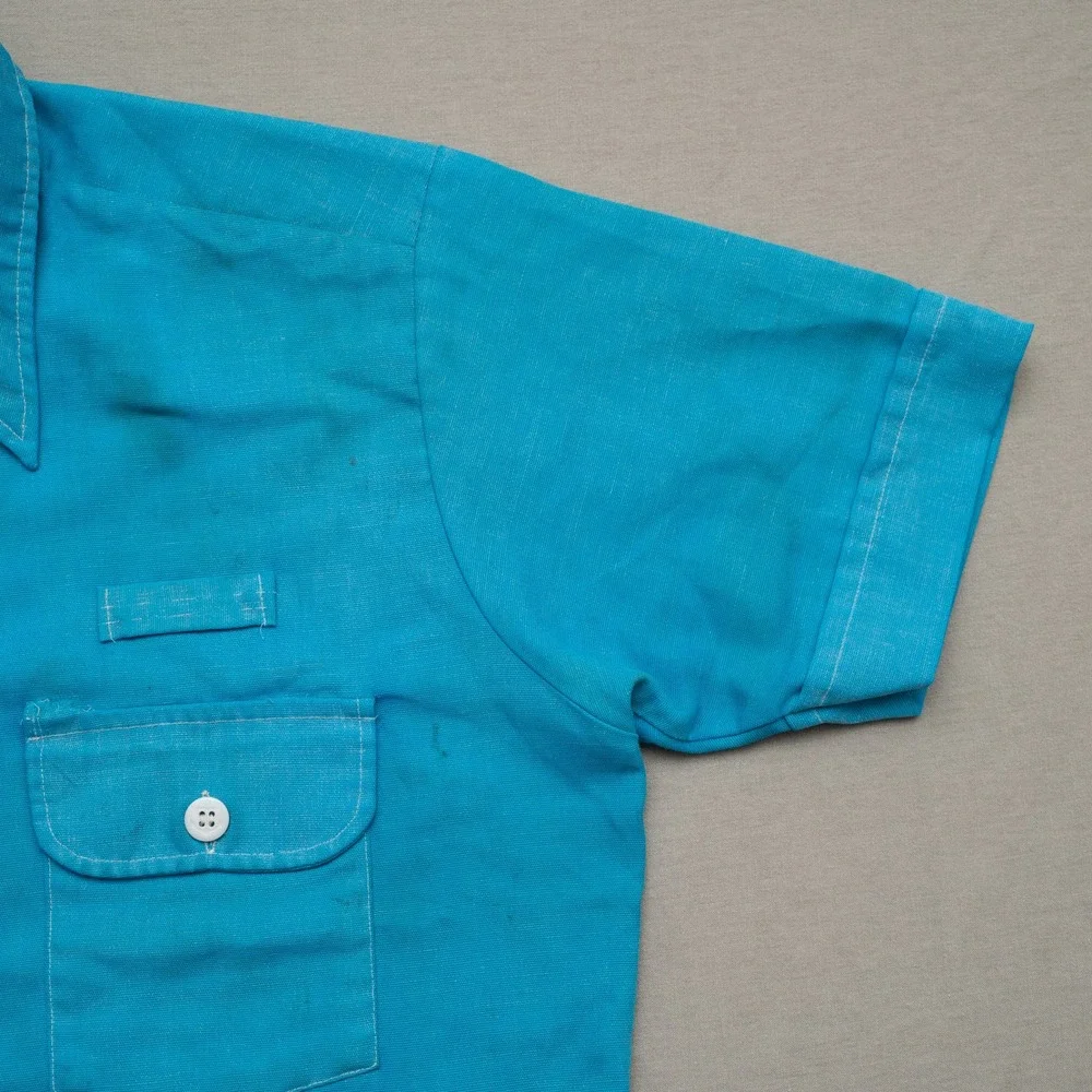 Vintage 70s Mod Button Up Bowling Shirt Dune Buggy Daggar Collar Blue Adult M